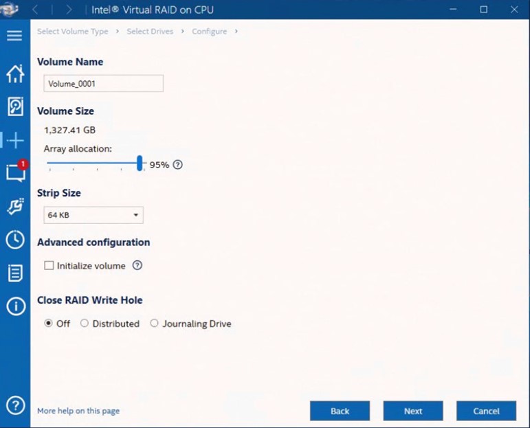 Configuration Settings for RAID 5 Volume