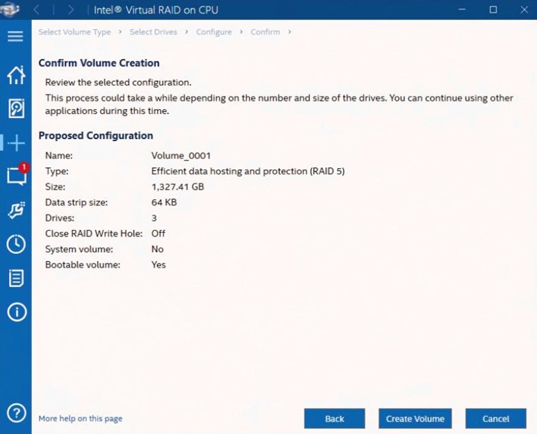 Configuration Summary for RAID 5 Volume
