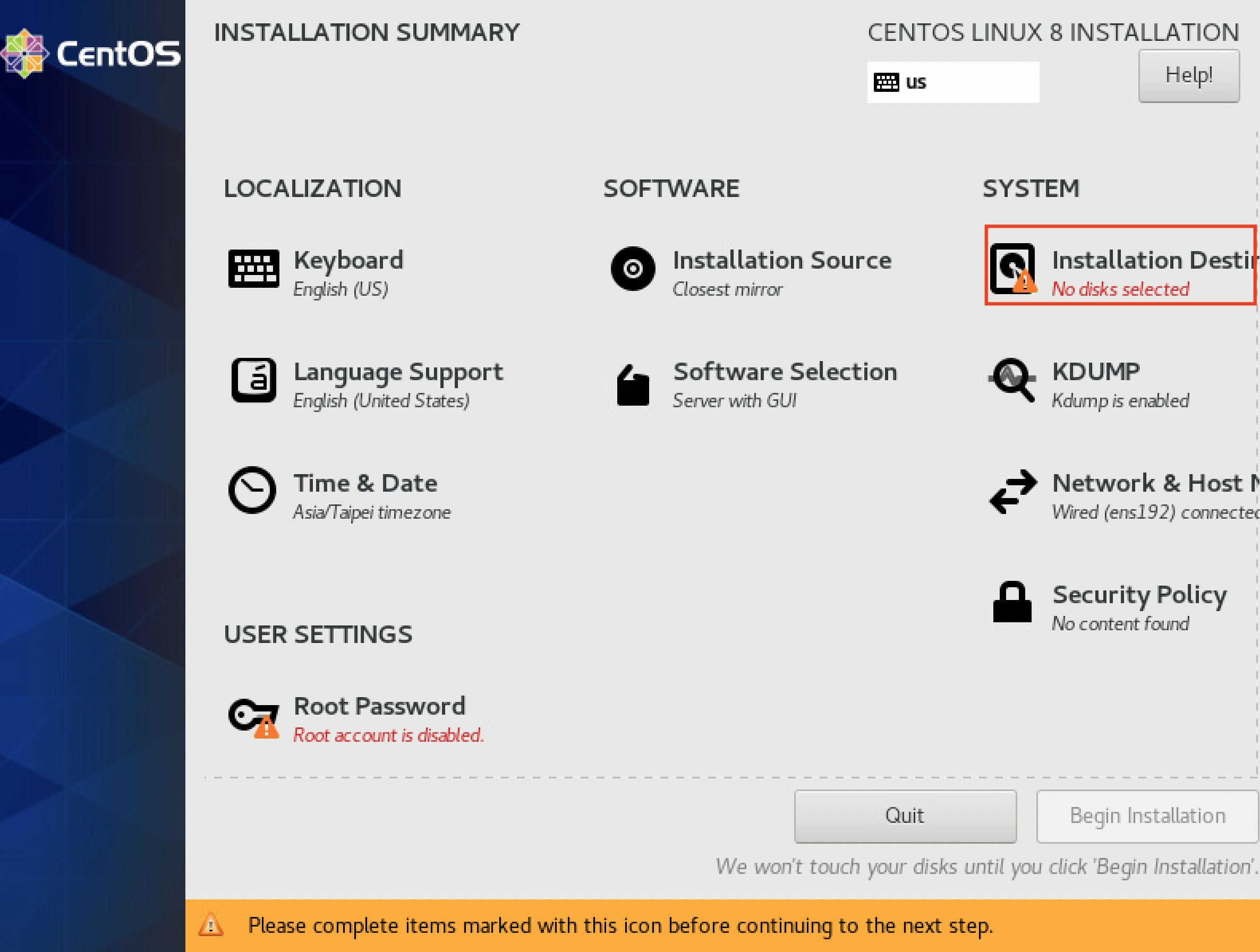 CentOS Installation Destination