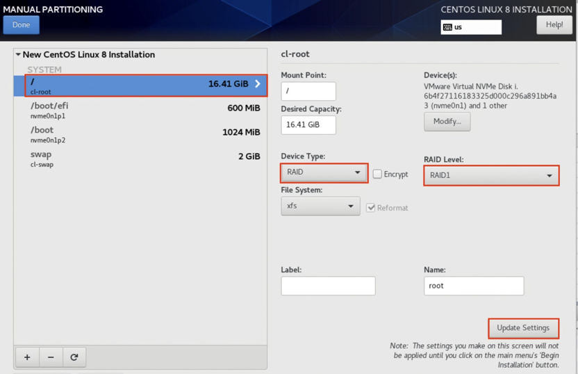 CentOS RAID1 Partition Settings