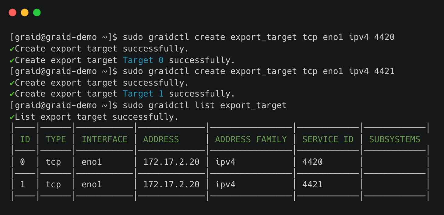 Create NVMe-oF Export Target Output