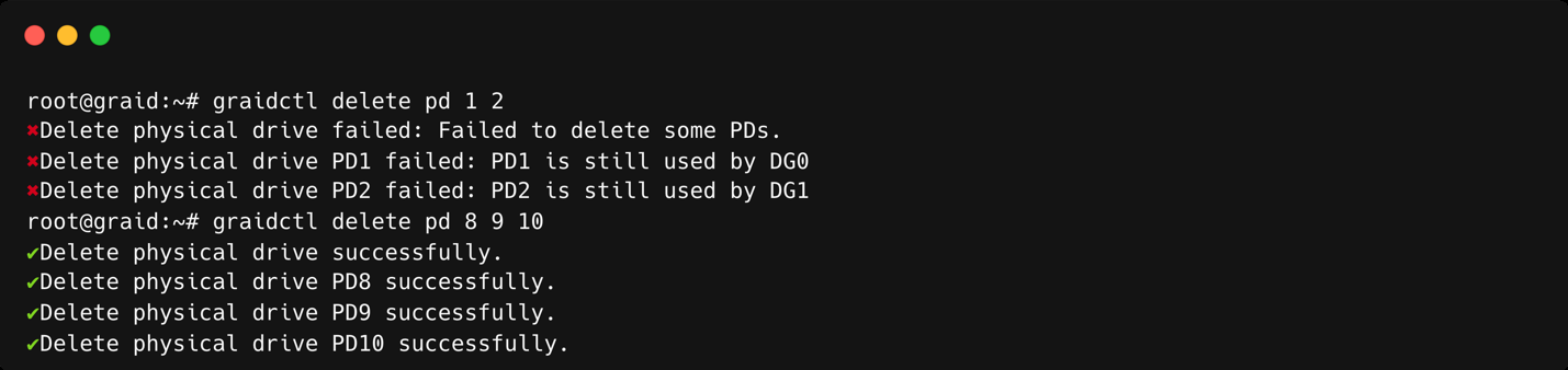 Delete Multiple Physical Drives Output