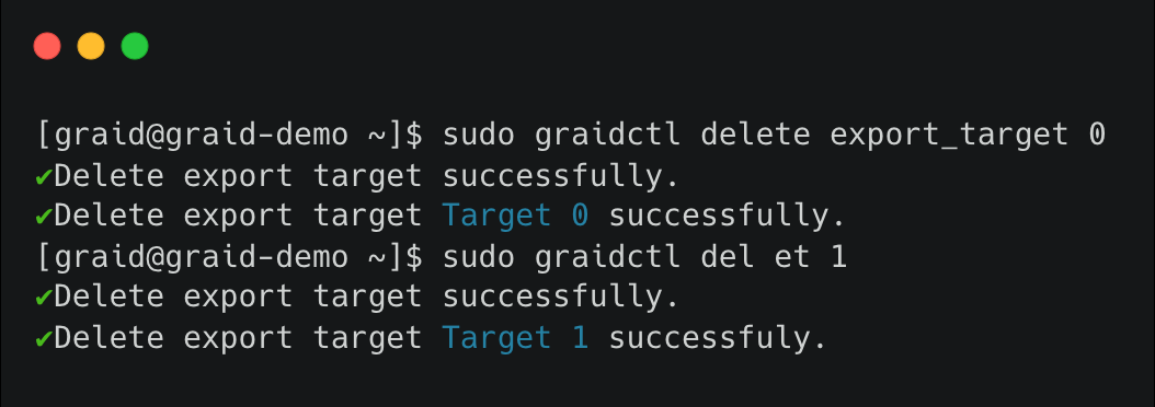 Delete NVMe-oF Export Target Output