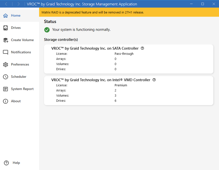 VROC™ by Graid Technology Inc. Windows Storage Management Application home screen, showing the in-product deprecation banner for Matrix RAID.