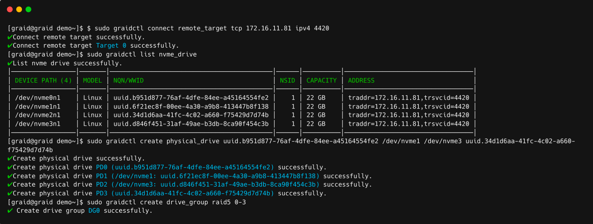 Remote NVMe-oF Physical Drive Output