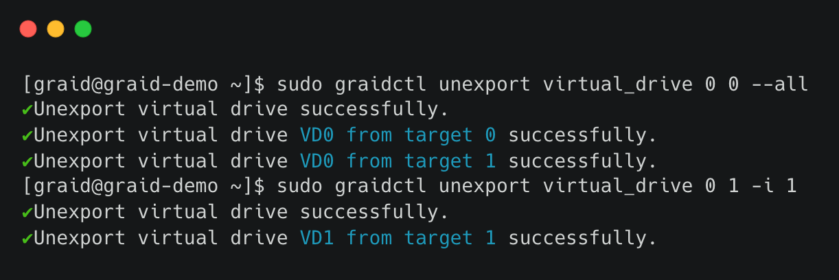Unexport Virtual Drive NVMe-oF Output